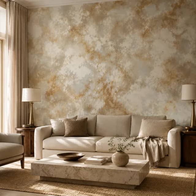 Quiet Golden Marble wallpaper behind a cream sofa in a refined living room