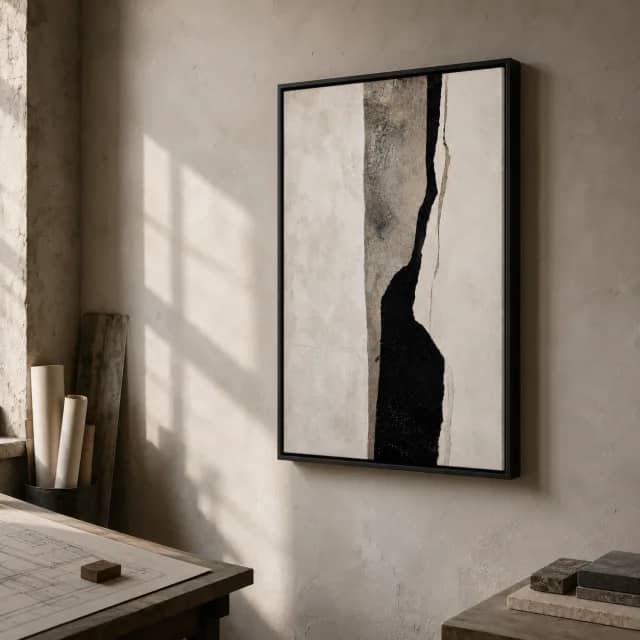 Silent Fracture in a black frame above a stone console in a calm modern entry