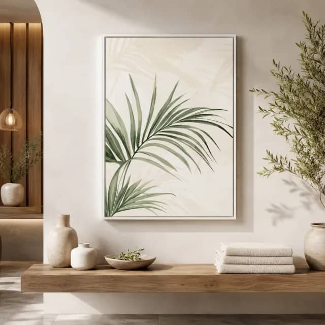Quiet Palm Breeze in a white frame on a serene spa reception wall