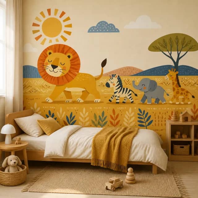 Warm Sun Safari mural in a children's bedroom
