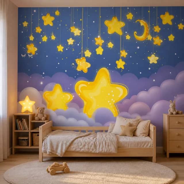 Hanging stars and moon wallpaper in a warm toddler bedroom