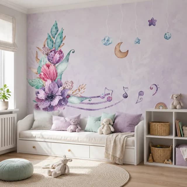 Floral moon wallpaper installed in a nursery reading corner with a white daybed