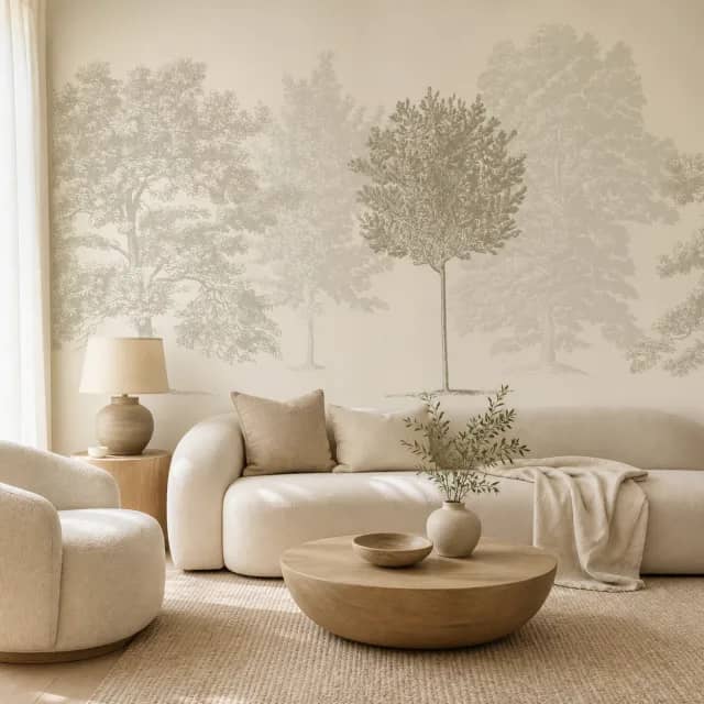 Ivory tree mural behind warm beige contemporary living-room furniture
