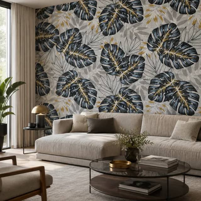 Grey blue monstera wallpaper sample styled with calm decor
