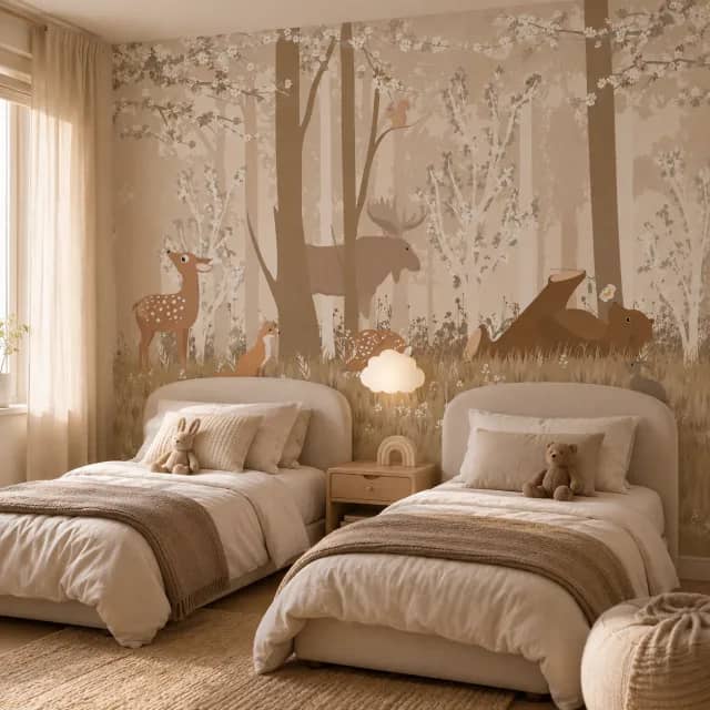 Little Woodland Friends wallpaper behind twin beds in a calm beige kids bedroom