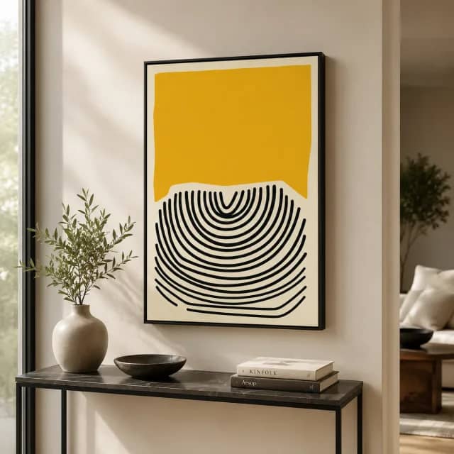 Rhythm Sun in a black floater frame above a console in a bright modern entryway