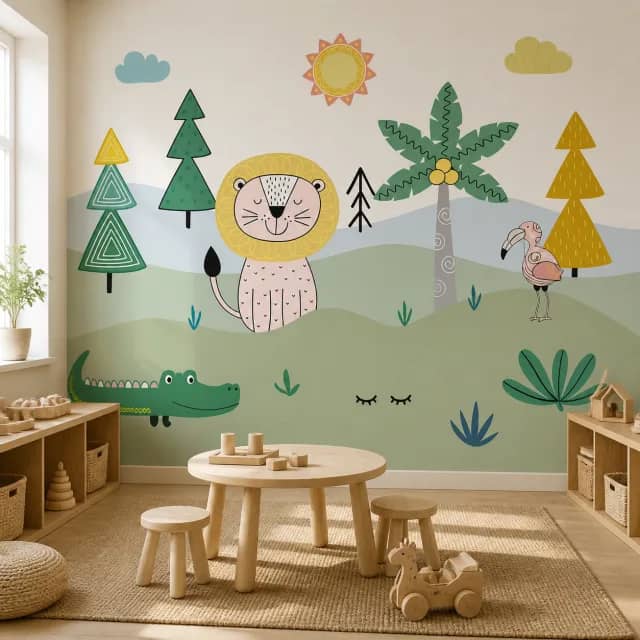 Kids safari mural in a sunlit playroom with wood furniture
