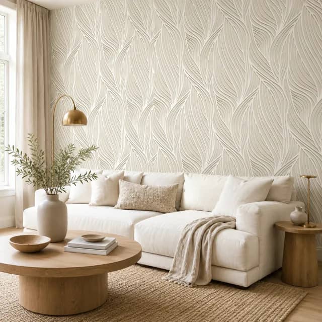 Botanical leaf wallpaper in a neutral living room