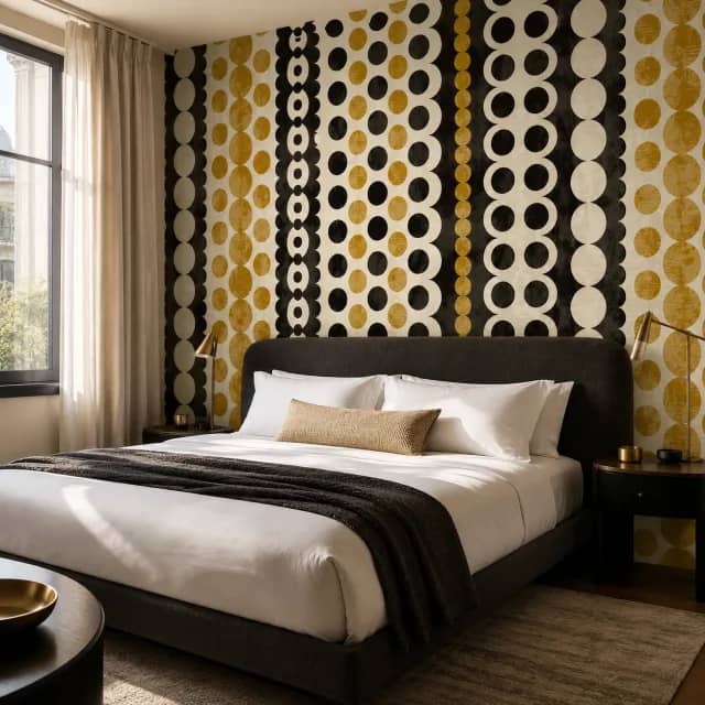 Black and gold geometric wallpaper mural behind a boutique hotel bed