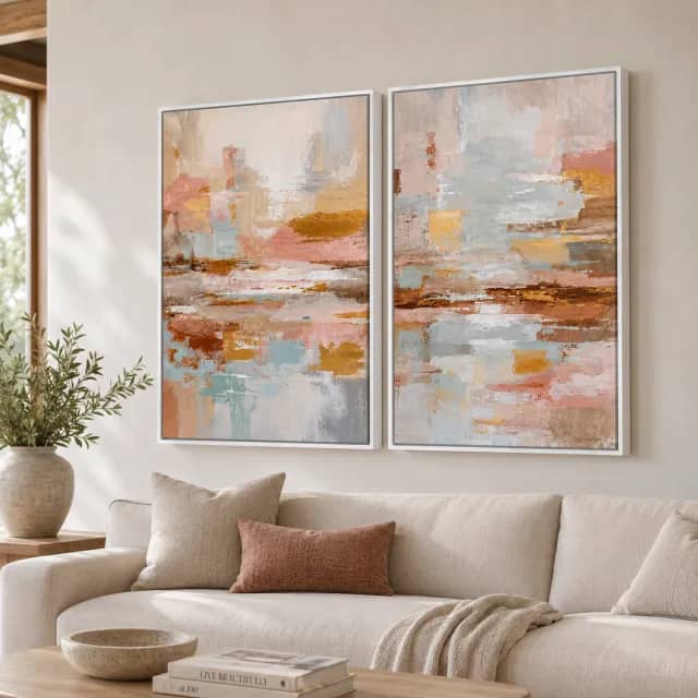 Quiet Harmony Diptych black framed two-panel artwork above a serene taupe bedroom