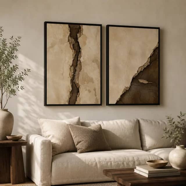 Ancient Wall Fractures above a calm sofa with black frames