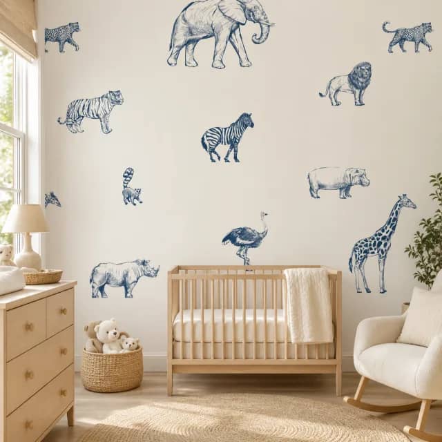 Bright nursery with blue illustrated safari animal wallpaper