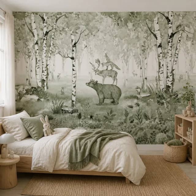 Sage woodland animal mural on a serene child's bedroom wall
